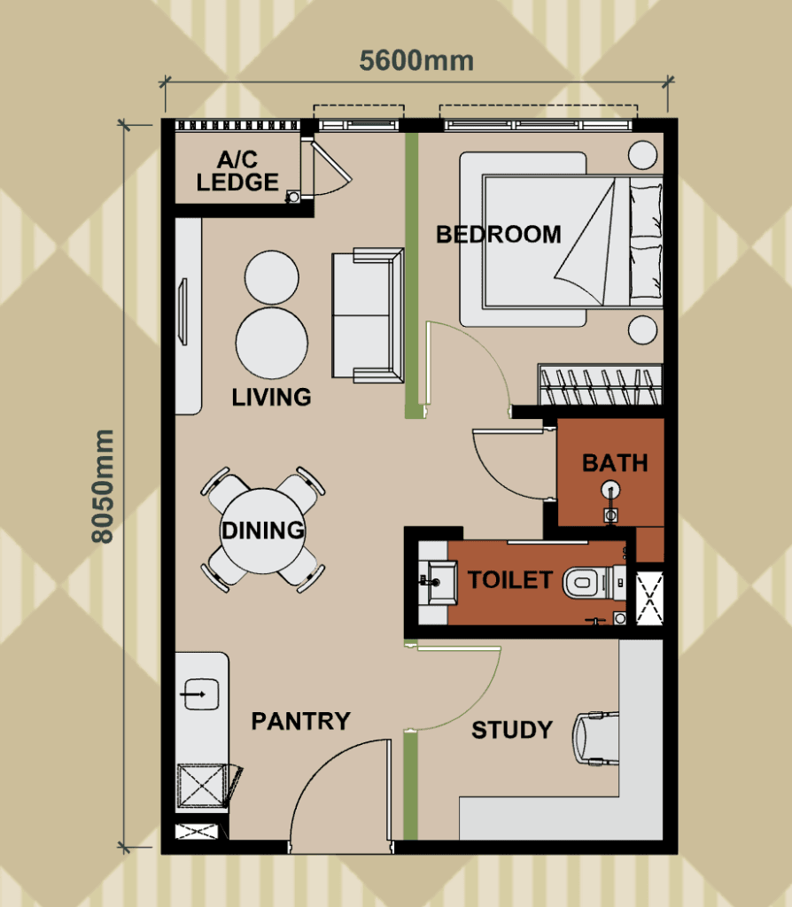 Type A layout at Keeperz Suites with 484 sqft, 2 rooms, living area, pantry, study space and bathroom.