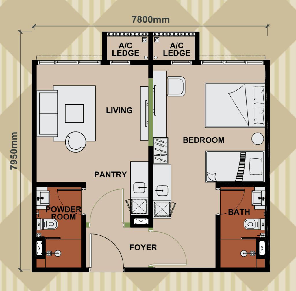 Type B dual-key layout at Keeperz Suites with 581 sqft, separate living spaces, 2 rooms and flexible rental planning.
