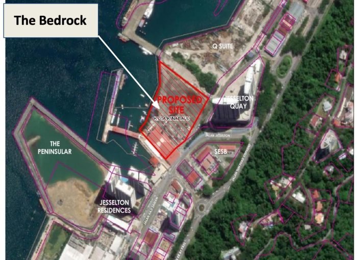 Key plan of The Bedrock @ Jesselton Docklands by EXSIM in Kota Kinabalu, highlighting the proposed site near Jesselton Quay, Suria Sabah, and the ferry terminal.