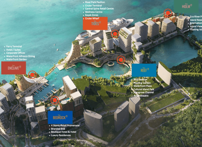 Master plan of The Bedrock @ Jesselton Docklands by EXSIM, showing its prime waterfront location in Kota Kinabalu with nearby landmarks such as The Enclave, The Reef, and The Holm.