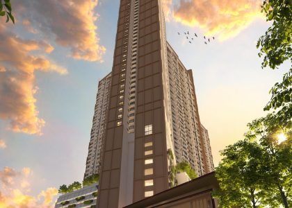 Evening perspective of EXSIM Queenswoodz Bukit Jalil, showcasing warm architectural lighting and a welcoming entrance for residents seeking a blend of city convenience and resort-inspired ambiance