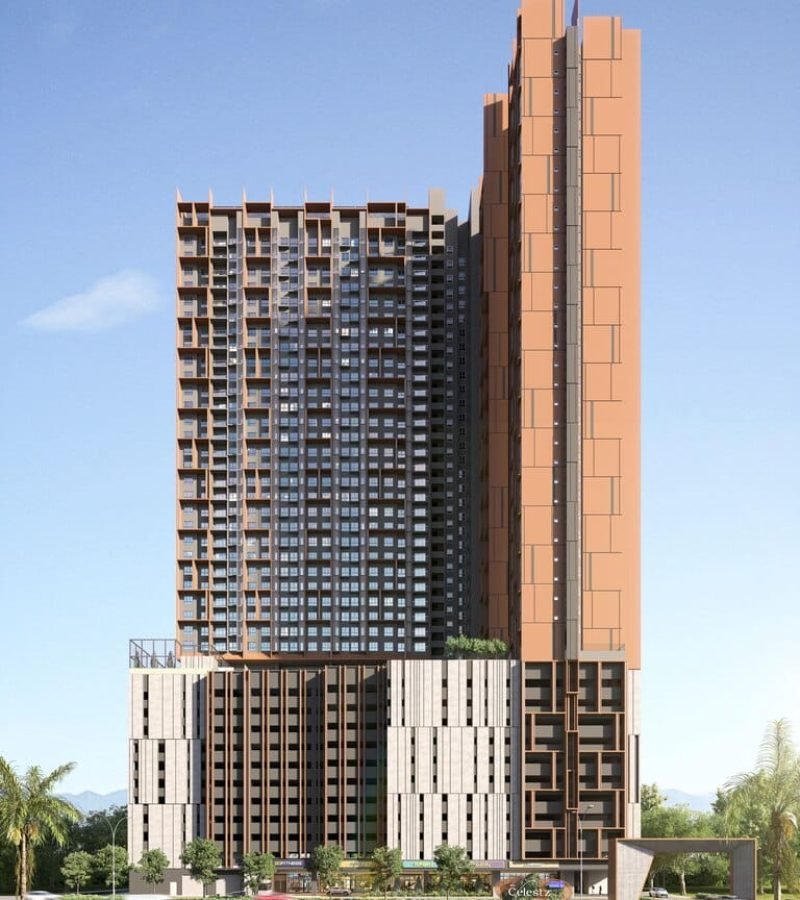 Facade rendering of The Celestz @ Kebun Teh, a new EXSIM serviced apartment project in Johor Bahru