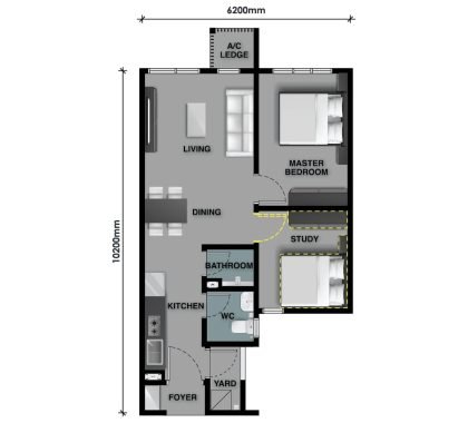 The Celestz @ Kebun Teh Type A 581 sqft floor plan for 1 Room + Study layout