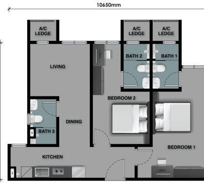 The Celestz @ Kebun Teh Type B 753 sqft floor plan with 2 Rooms and 3 Bathrooms