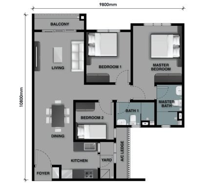 The Celestz @ Kebun Teh Type C1 915 sqft floor plan with 3 Rooms, 2 Bathrooms and balcony