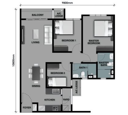 The Celestz @ Kebun Teh Type C1-A 915 sqft floor plan with 3 Rooms, 2 Bathrooms and balcony