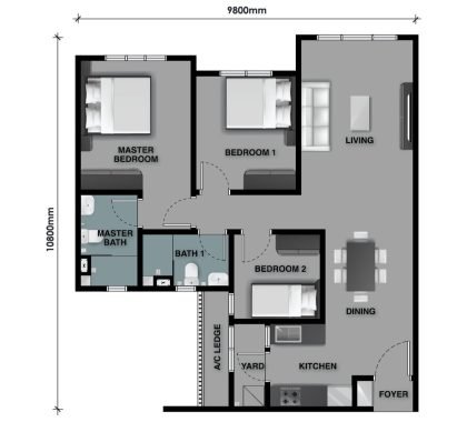 The Celestz @ Kebun Teh Type C2 915 sqft floor plan with 3 Rooms, 2 Bathrooms and no balcony
