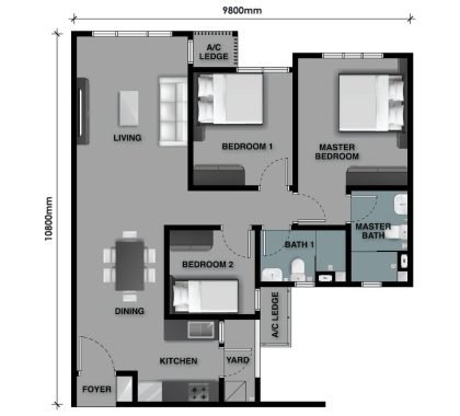 The Celestz @ Kebun Teh Type C2-A 915 sqft floor plan with 3 Rooms, 2 Bathrooms and no balcony
