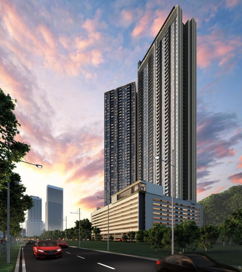 High-rise facade view of The Lighthauz with podium parking and city access in Penang.
