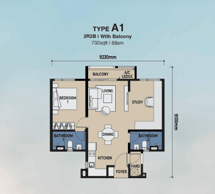 Type A1 layout at The Lighthauz with 732 sqft, 2 rooms, 2 bathrooms, balcony, study area and practical living space.