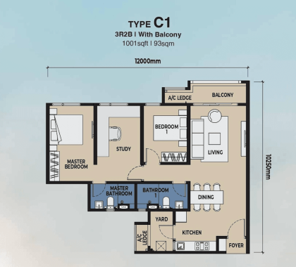 Type C1 layout at The Lighthauz with 1001 sqft, 3 rooms, 2 bathrooms, balcony, study area and wider living arrangement.